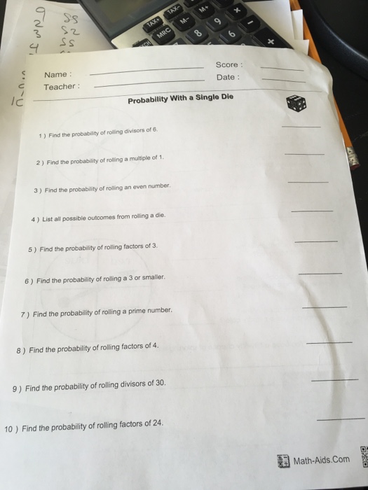 Solved Find the probability of rolling divisors of 6. Find | Chegg.com