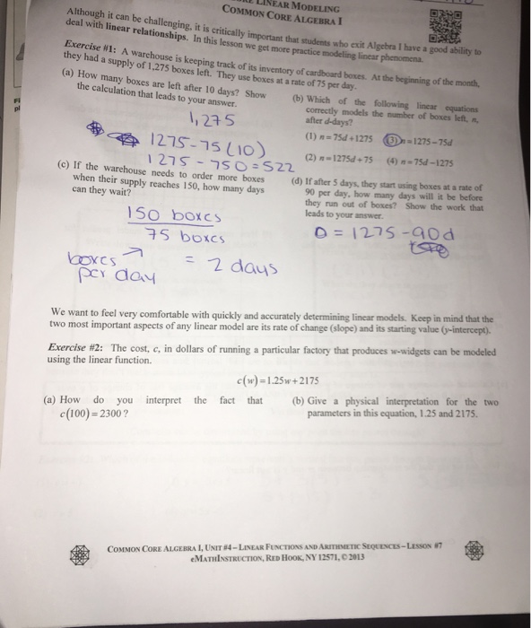 linear modeling common core algebra 2 homework answers