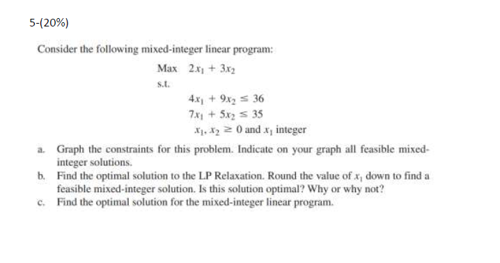 Solved 5-(20%) Consider the following mixed-integer linear | Chegg.com