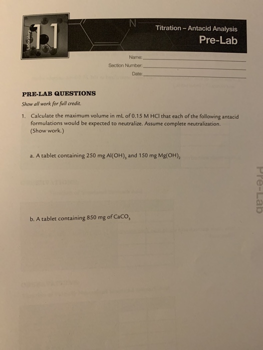 Solved Titration Antacid Analysis PreLab Name Section