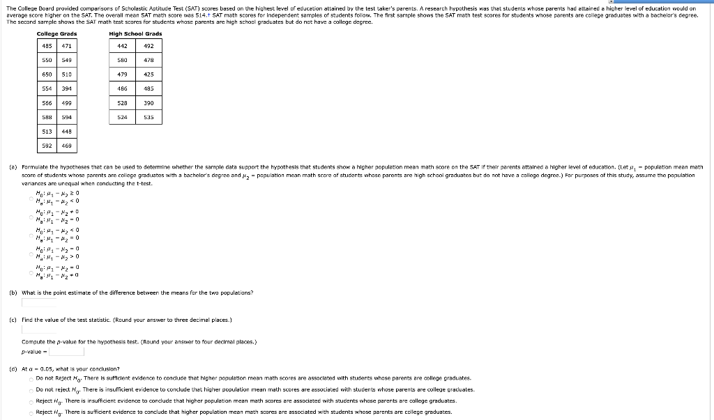 Answered: The College Board provided comparisons…