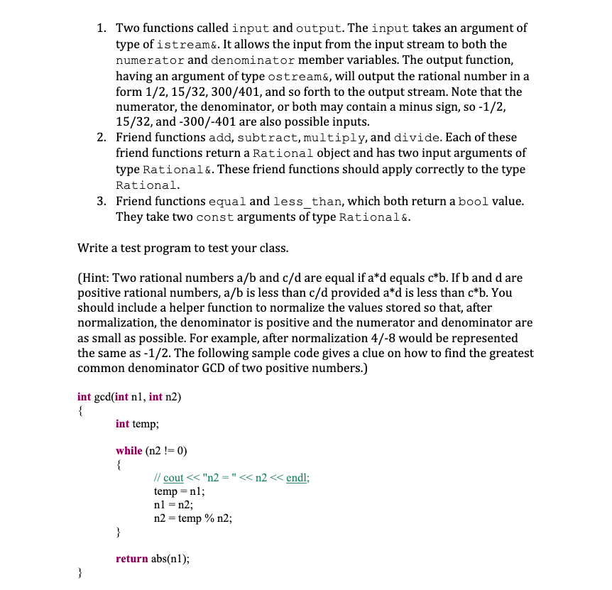 Solved Exercise 2: Define a class Rational for rational | Chegg.com