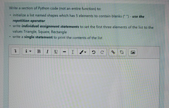 Solved Write a section of Python code (not an entire | Chegg.com