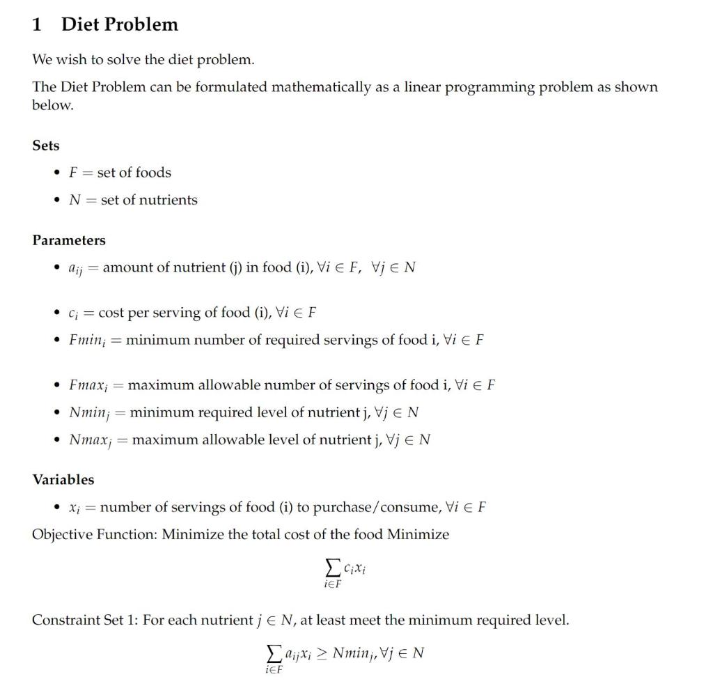 1 Diet Problem We wish to solve the diet problem. The | Chegg.com