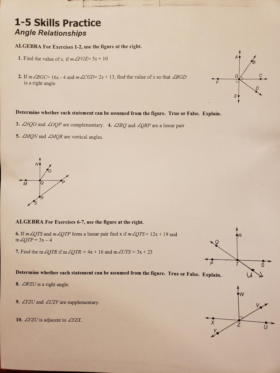 Solved 1 5 Skills Practice Angle Relationships ALGEBRA For Chegg