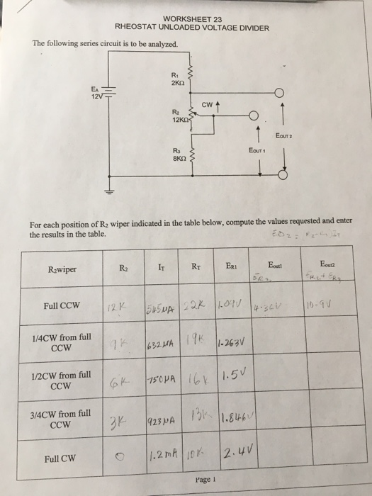 Solved WORKSHEET 23 RHEOSTAT UNLOADED VOLTAGE DIVIDER The