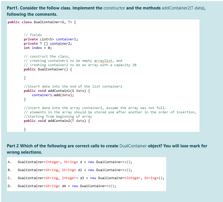Solved Part1. Consider the follow class. Implement the | Chegg.com