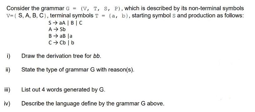 Solved Consider the grammar G V T S P which is described