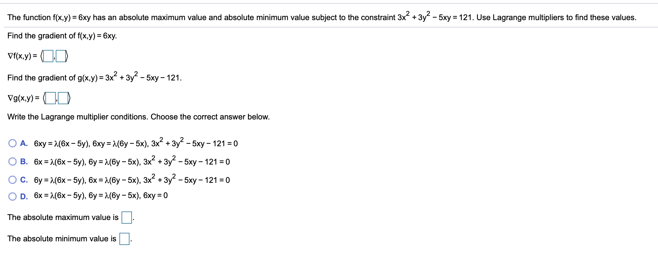 The function f(x,y) = € 5xy has an absolute maximum | Chegg.com