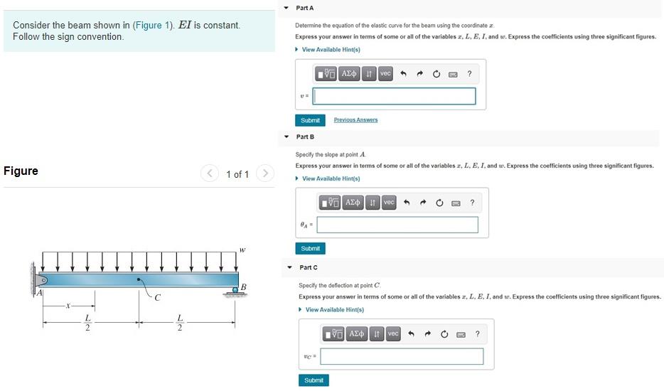 Solved Part A Consider the beam shown in (Figure 1). El is | Chegg.com