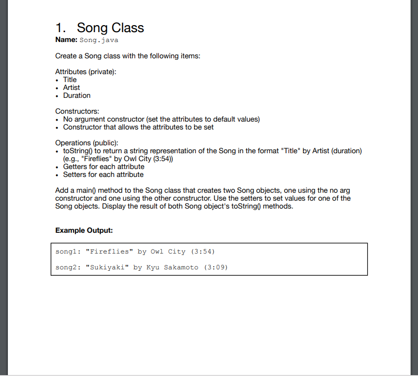 Solved 1. Song Class Name: Song.java Create a Song class | Chegg.com
