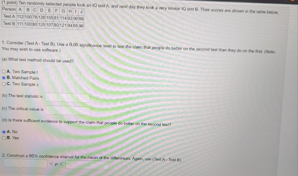 Solved 1. Consider (Test A - Test B). Use A 0.05 | Chegg.com