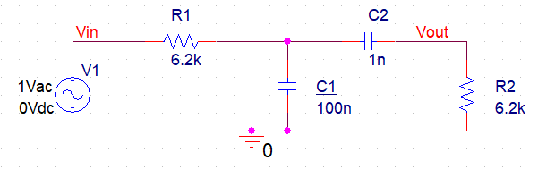 Solved R1 Vin C2 HE 1n Vout 6.2k V1 1 Vac OVdc C1 100n R2 | Chegg.com