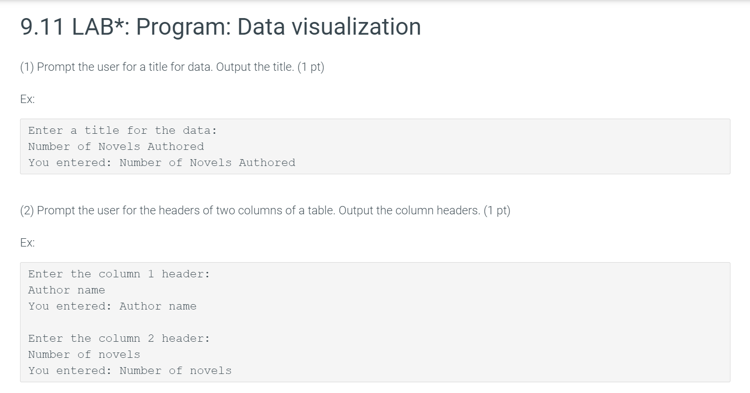 Solved: 9.11 LAB*: Program: Data Visualization (1) Prompt ... | Chegg.com