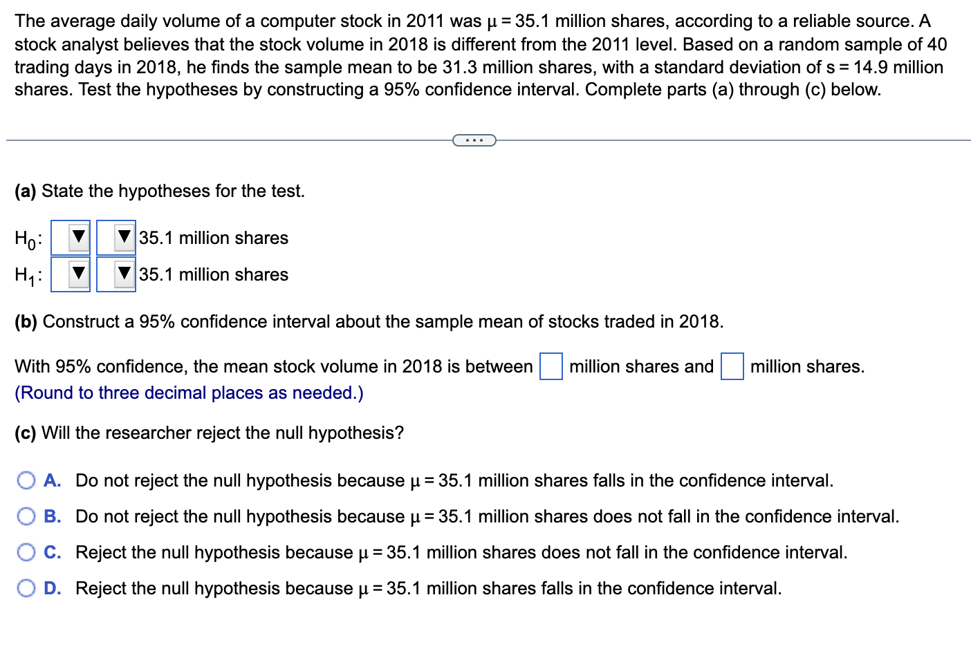 Solved the average daily volume of a computer stock in 2011 chegg