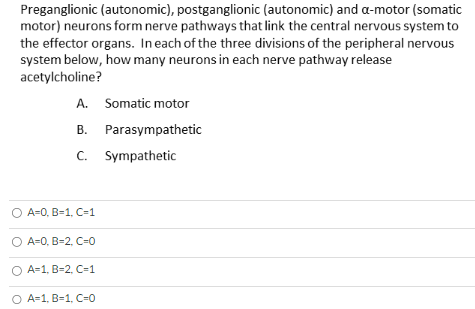 Solved Preganglionic (autonomic), postganglionic (autonomic) | Chegg.com