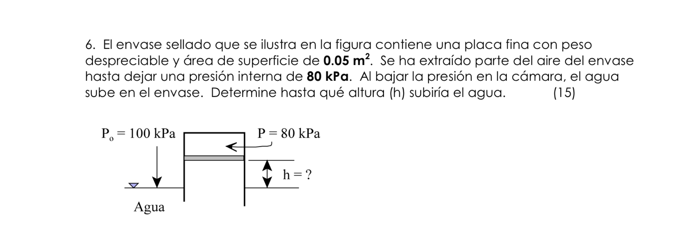 6. El envase sellado que se ilustra en la figura contiene una placa fina con peso despreciable y área de superficie de \( \ma