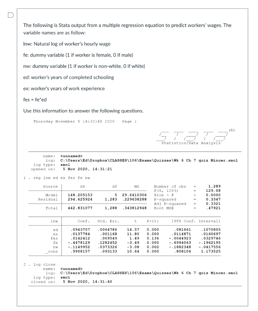 Solved The Following Is Stata Output From A Multiple | Chegg.com