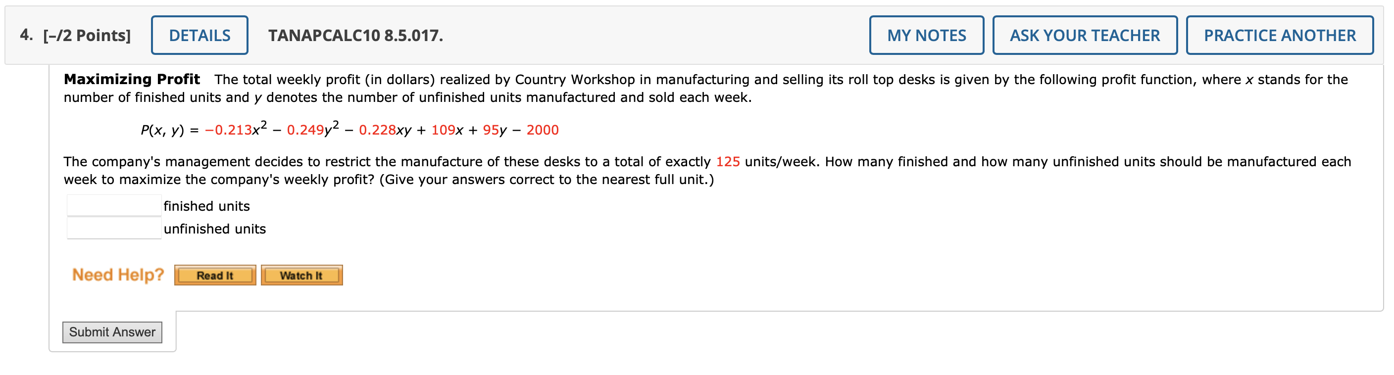 Solved [-/2 Points] TANAPCALC10 8.5.017. number of finished | Chegg.com