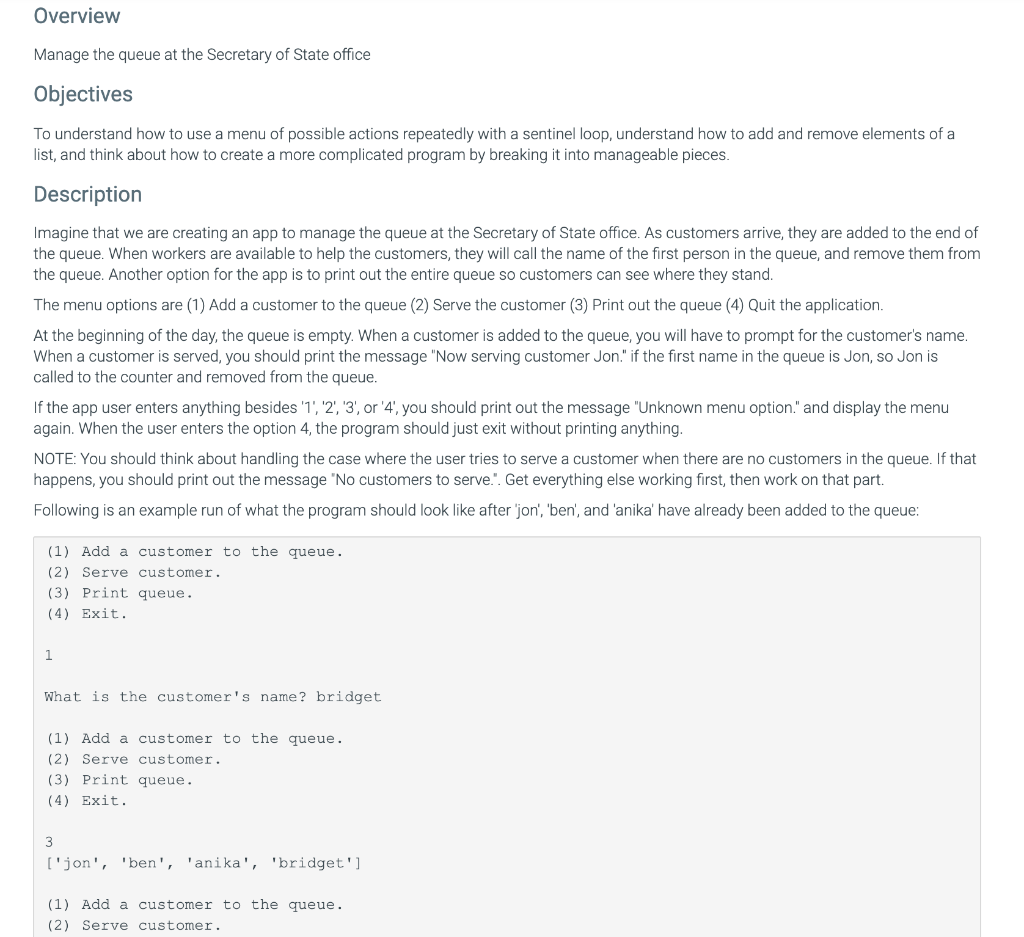 Solved Overview Manage the queue at the Secretary of State | Chegg.com