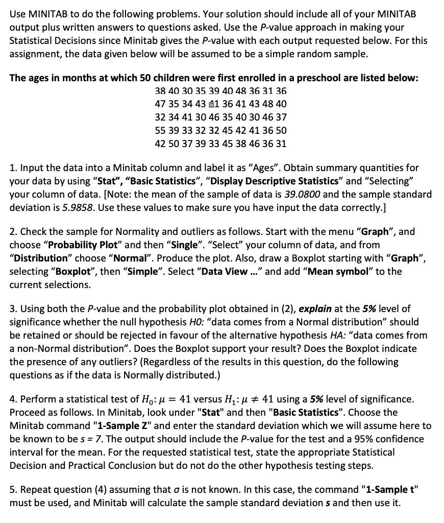 Solved Use MINITAB to do the following problems. Your | Chegg.com