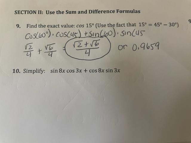 Solved SECTION II: Use the Sum and Difference Formulas 9. | Chegg.com