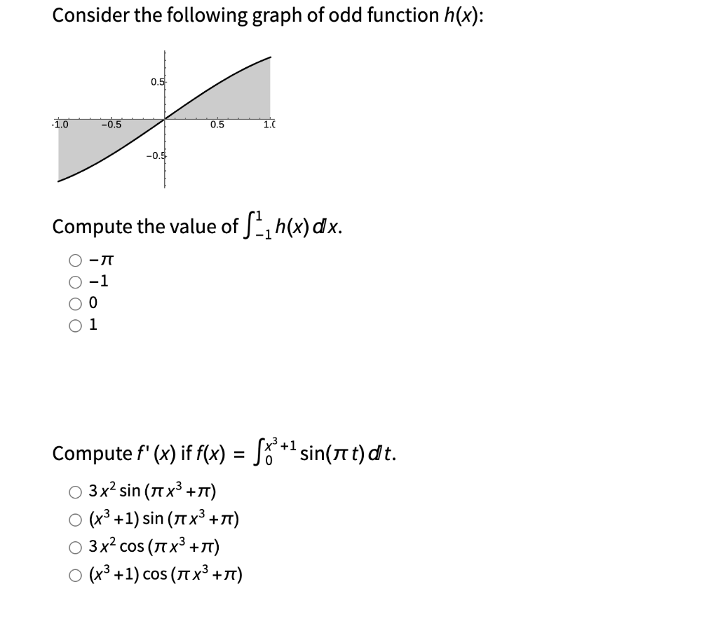 Consider the following graph of odd function \( h(x) \) :
Compute the value of \( \int_{-1}^{1} h(x) d x \).
\[
\begin{array}