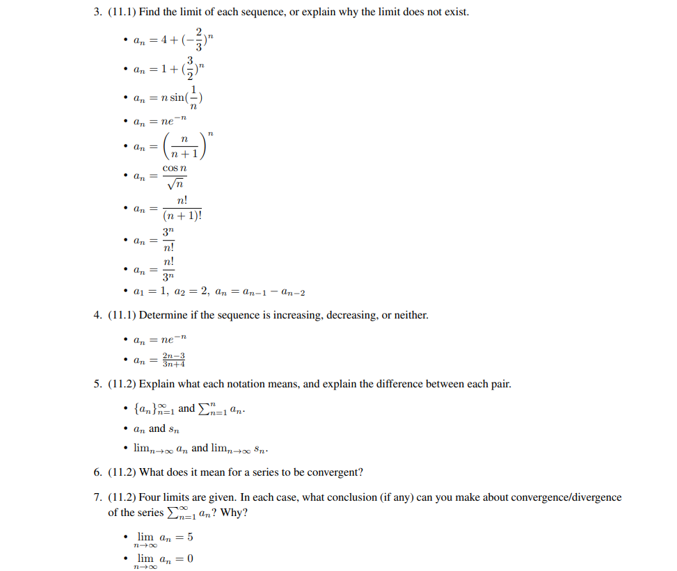 Solved 3. (11.1) Find the limit of each sequence, or explain | Chegg.com