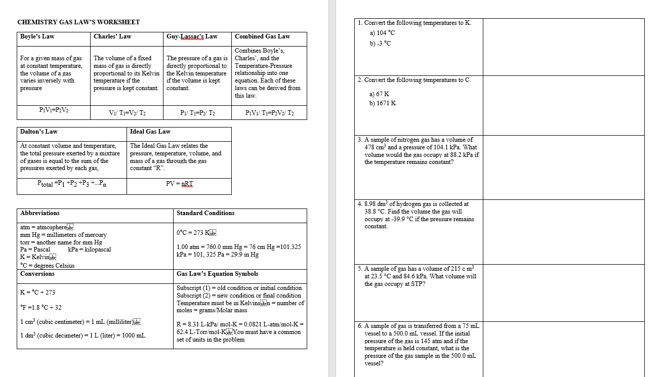 Solved CHEMISTRY GAS LAW'S WORKSHEET Boyle's Law Charles' | Chegg.com