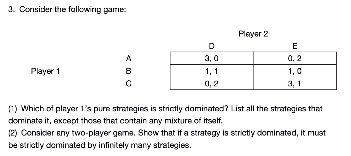 Solved 3. Consider The Following Game: Player 2 D E A Player | Chegg.com