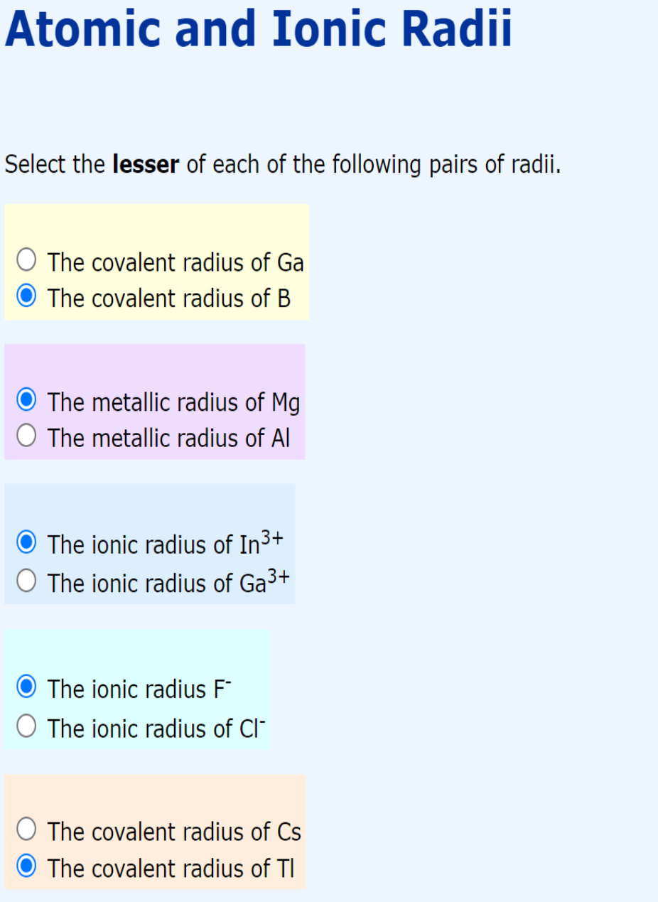 Solved Atomic and Ionic Radii Select the lesser of each of