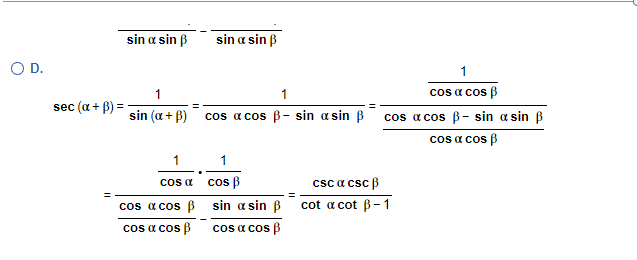 \( \overline{\sin \alpha \sin \beta}-\overline{\sin \alpha \sin \beta} \) \( \sec (\alpha+\beta)=\frac{1}{\sin (\alpha+\beta)