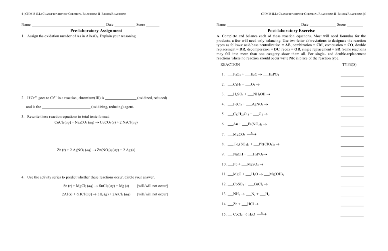 Solved 4 CHMISILL: CLASSIFICATION OF CHEMICAL REACTIONS | Chegg.com