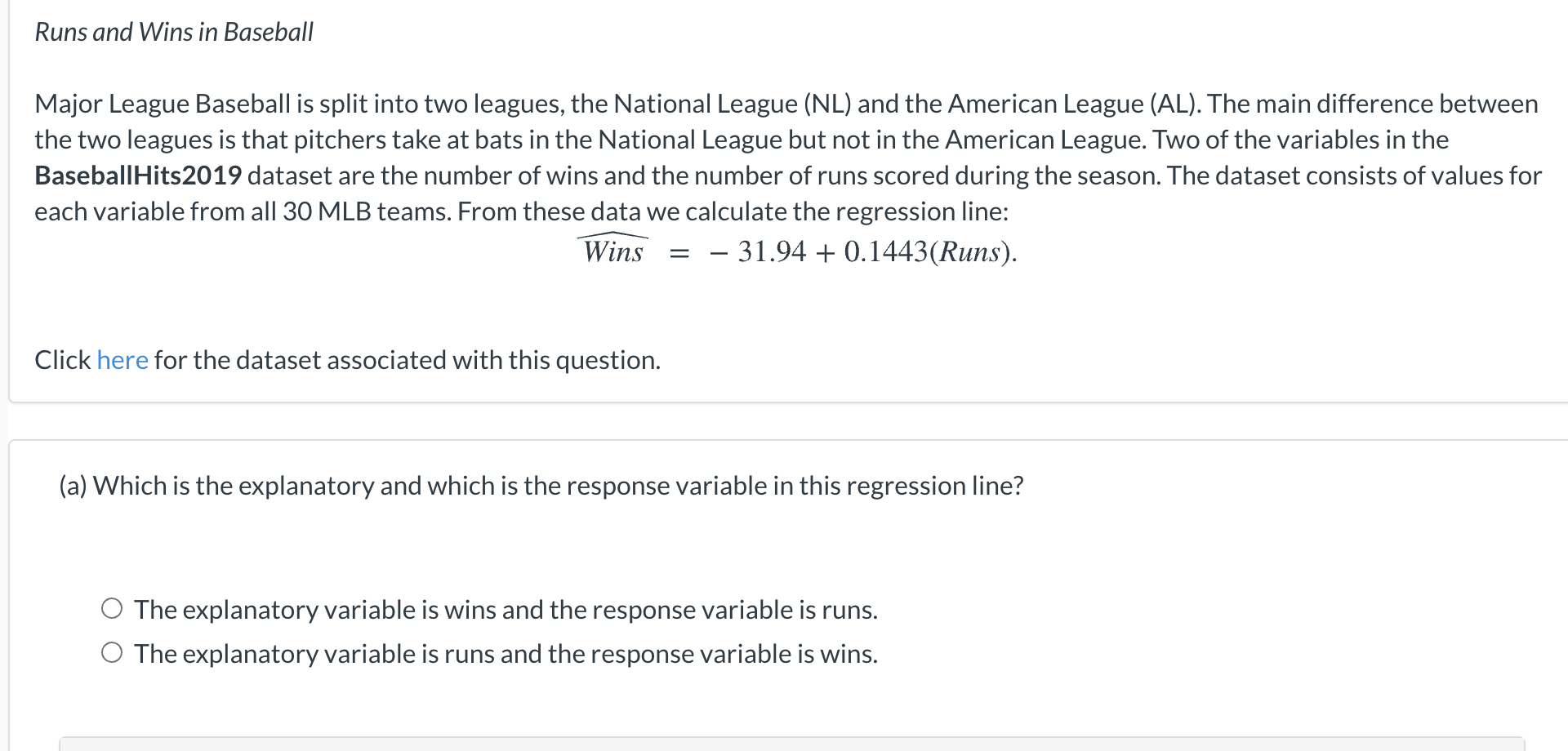 Solved Runs and Wins in Baseball Major League Baseball is | Chegg.com