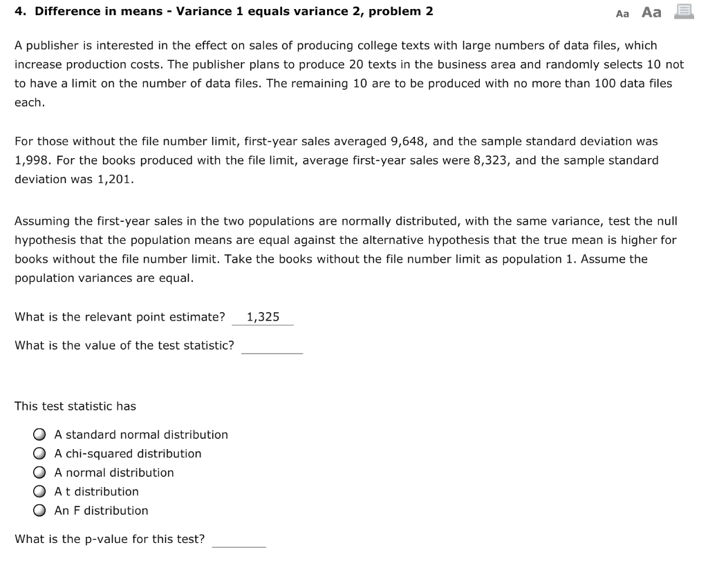 Solved 4. Difference in means - Variance 1 equals variance | Chegg.com
