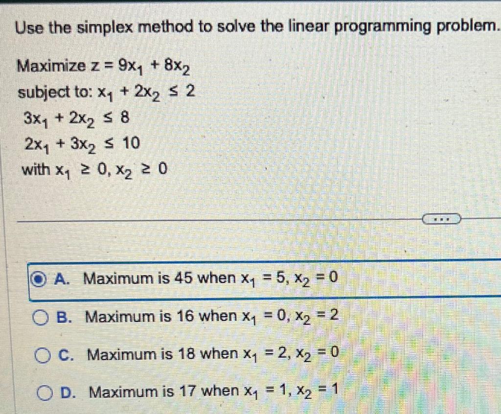 Solved Use the simplex method to solve the linear | Chegg.com