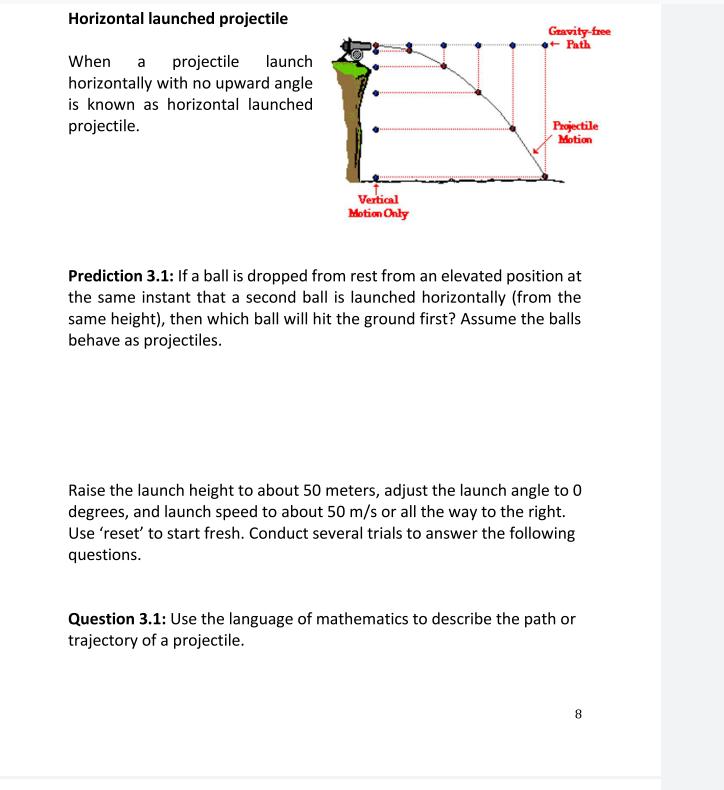 solved-horizontal-launched-projectile-gravity-free-path-chegg