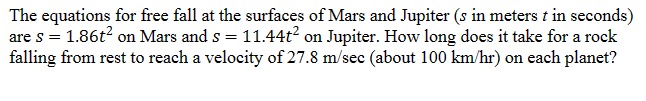 Solved The equations for free fall at the surfaces of Mars | Chegg.com