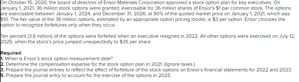 Solved On October 15, 2020, the board of directors of Ensor | Chegg.com