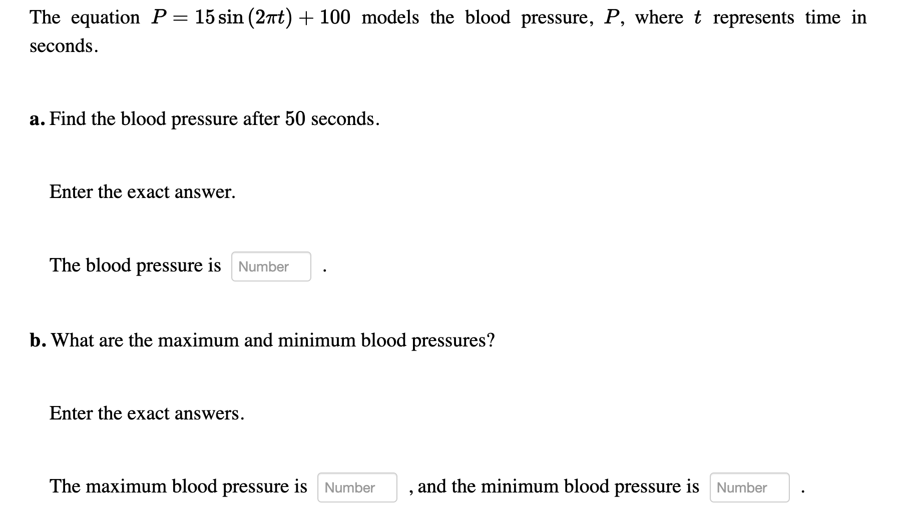 Solved The equation Pu003d15sin(2πt)+100 models the blood | Chegg.com