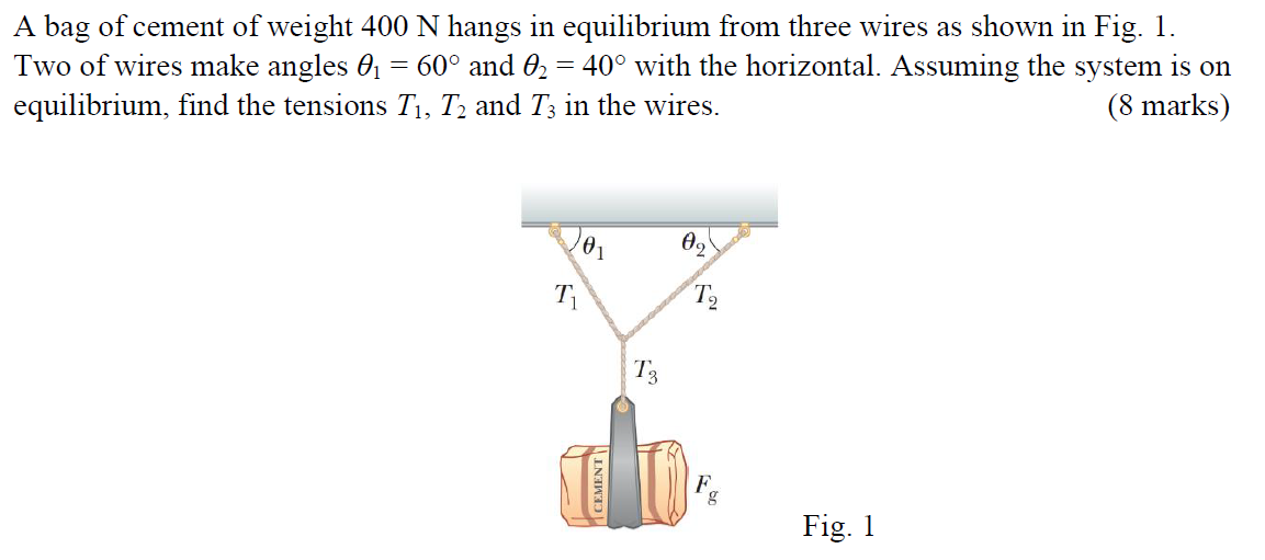 Solved A bag of cement of weight 400 N hangs in equilibrium