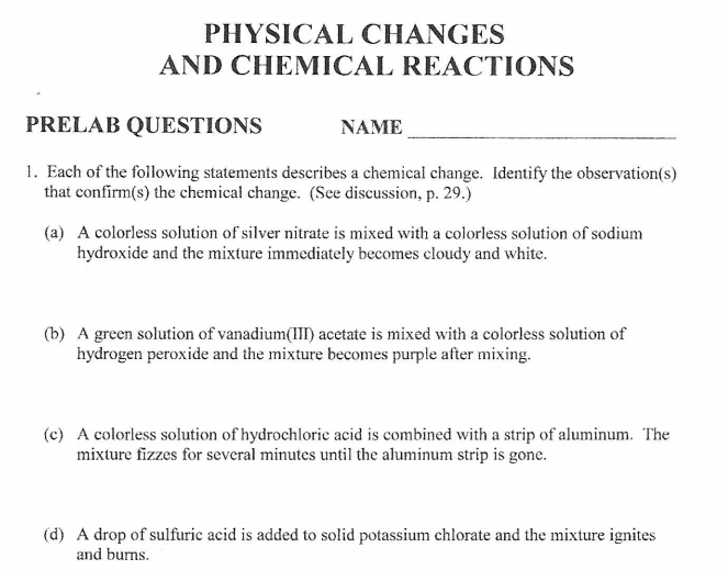 Solved PHYSICAL CHANGES AND CHEMICAL REACTIONS PRELAB