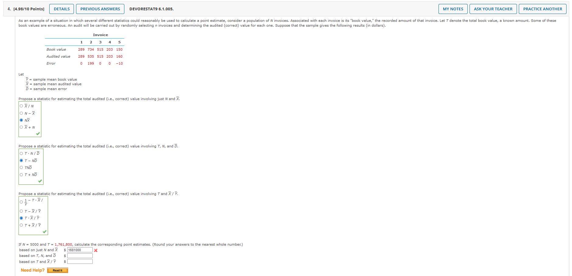 Solved Let Y Sample Mean Book Value X Sample Mean Chegg