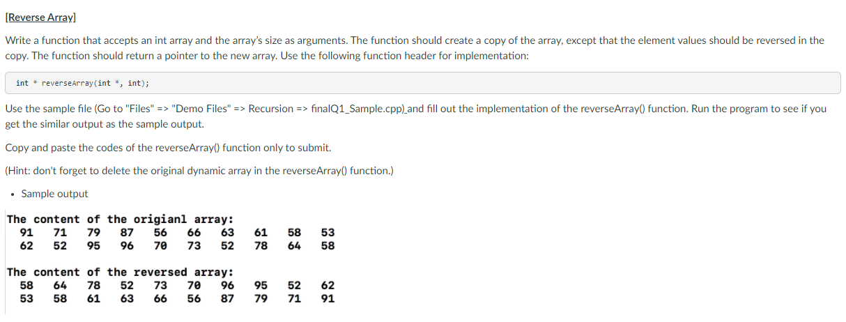 Solved [Reverse Array] Write a function that accepts an int | Chegg.com