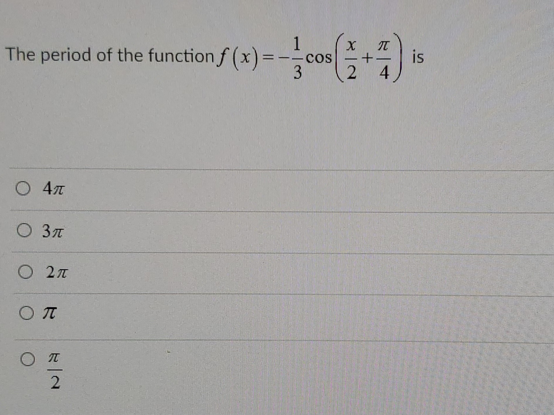 what is the period of the function f(x)=-4 cos(5x-9)-7