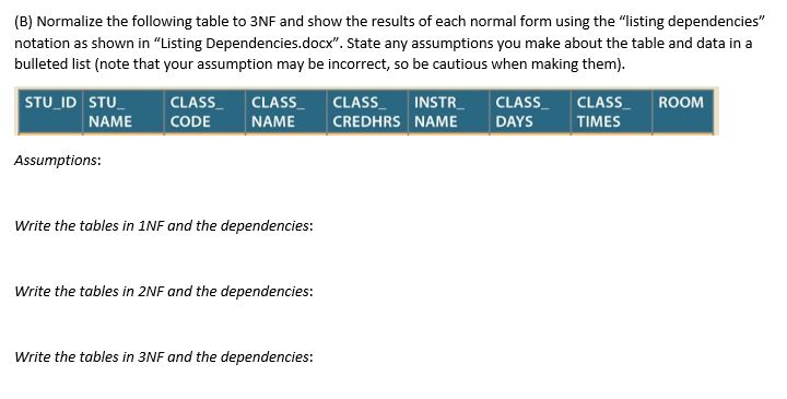 Solved (B) Normalize The Following Table To 3NF And Show The | Chegg.com