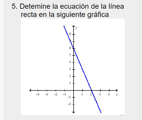 5. Detemine la ecuación de la línea recta en la siguiente gráfica 6 5 4 3 3 2 + 1 4 -3 -2 -1 3 4 X -1 + -2