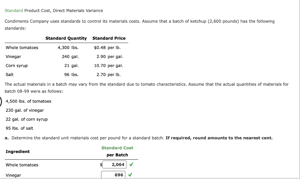 Solved Standard Product Cost, Direct Materials Variance