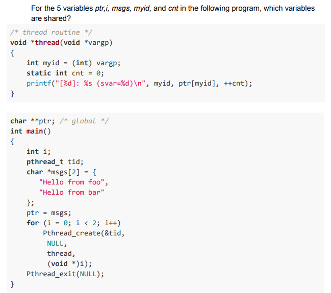 For the 5 variables ptri, msgs, myid, and cnt in the | Chegg.com