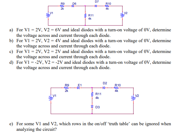 Solved a) For V1 = 2V, V2 = 6V and ideal diodes with a | Chegg.com